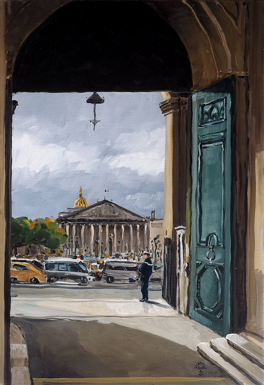 Réf. H-14.046 -Hôtel de la Marine, Paris - L'accès des véhicules, 1 place de la Concorde. Huile sur toile 33x55 cm - Col. particulière