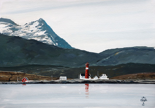 Réf. H-18.042 - Phare dans le fjord de Navik (Norvège). Huile sur toile 32x22 cm - Col. Particulière