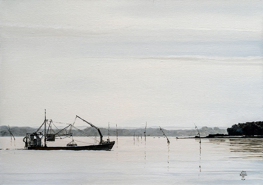 Réf. H-24.005 - La barge ostréicole au petit matin dans le Golfe du Morbihan. Huile sur toile 46x33 cm. 900 €