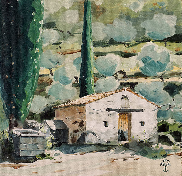 Réf. H-16.052 - Chapelle dans le vieux Kadamyli. Huile sur médium toilé 20x20 cm - 160 €