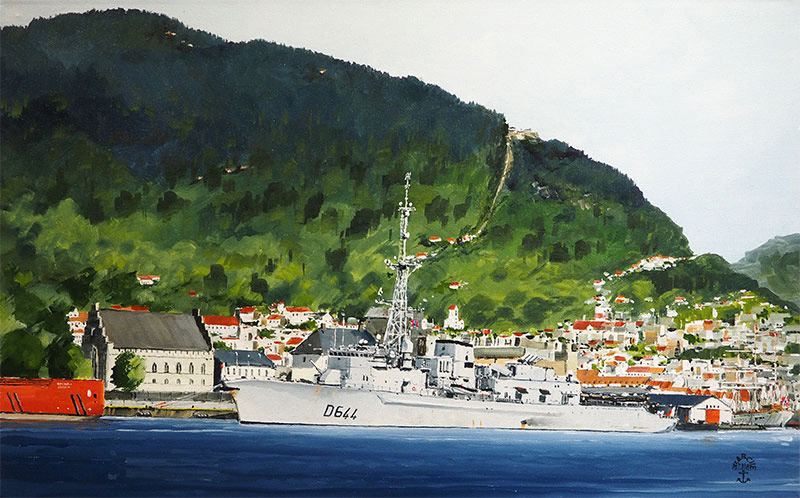 Réf. H-18.041 - Le "Primauguet" au pied du château en escale à Bergen (Norvège). Huile sur toile 36x61 cm - 1300 €