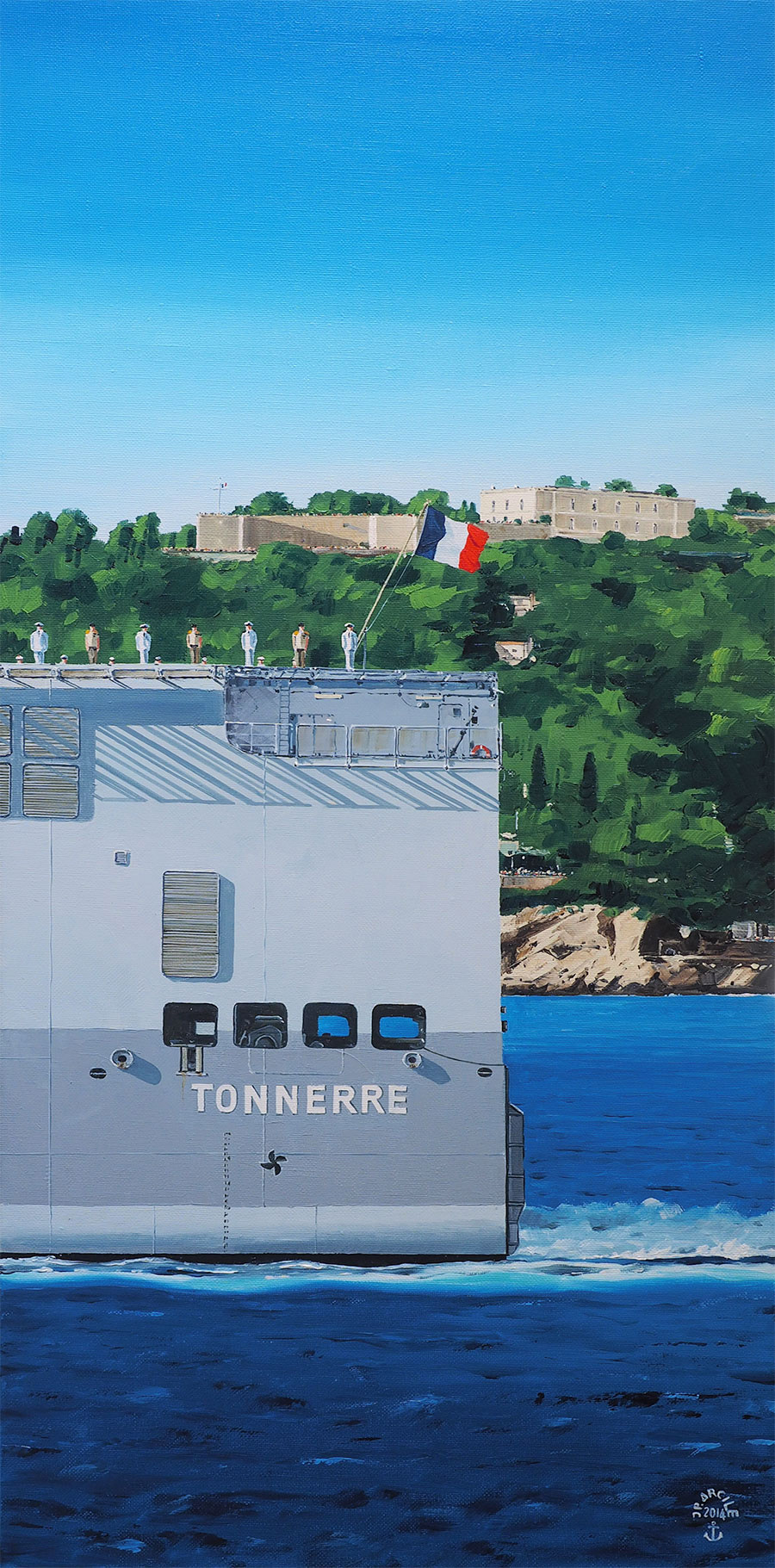 Réf. H-14.032 - Revue navale, l'arrière du Tonnerre sous la résidence du préfet maritime. Huile sur toile 40x80 cm - 1500 €