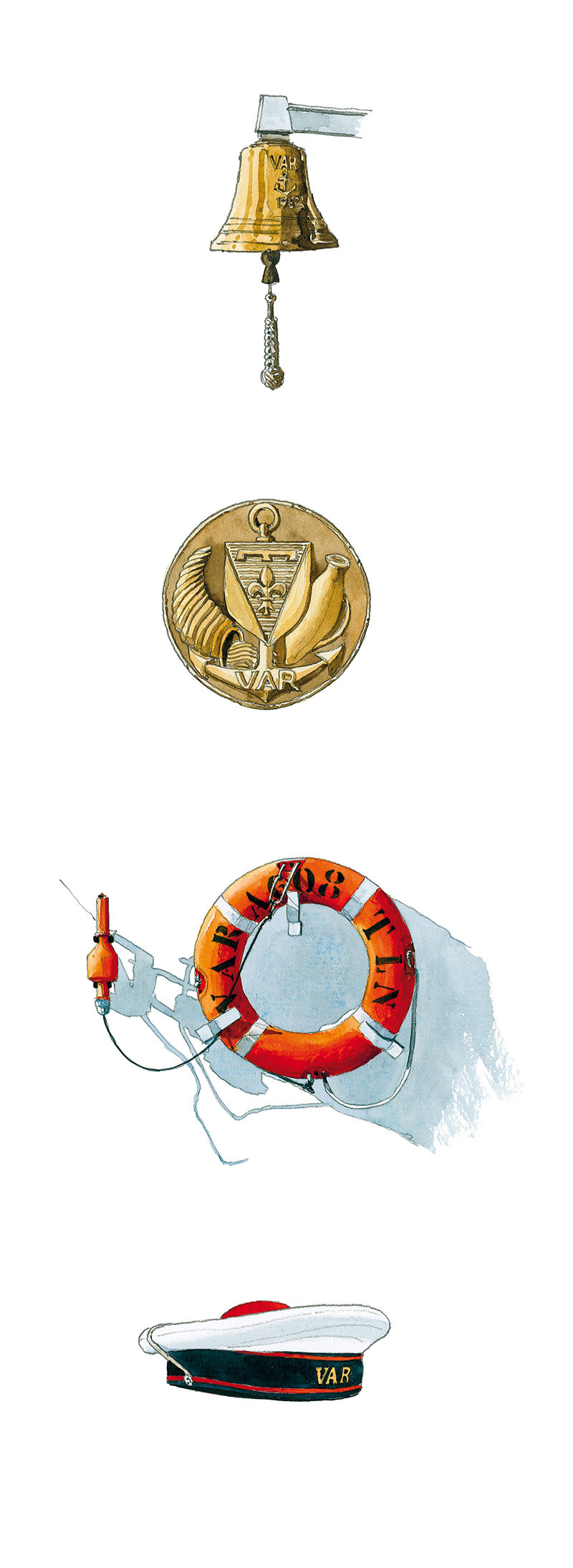 Réf. A-14.008 - Cloche, tape de bouche, bouée et bâchi du Var. Aquarelle 16x42 cm - Col. Particulière