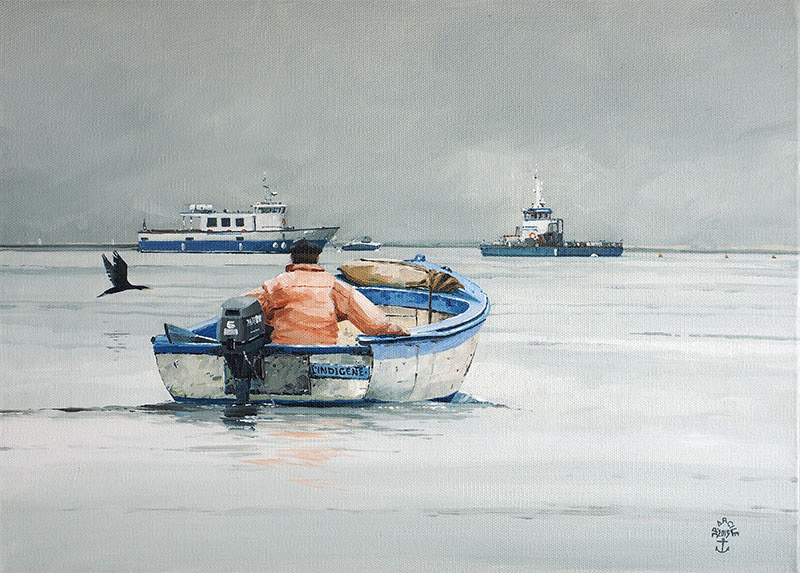 Réf. H-15.043 - Yvan et le cormoran - Ile aux Moines. Huile sur toile 46x33 cm - Col. Particulière