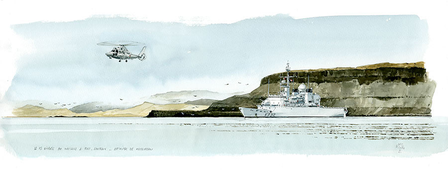 La FS Nivôse au mouillage à Port-Couvreux. Archipel des Kerguelen. Aquarelle 45 x 15 cm - 2017 - Col. Particulière