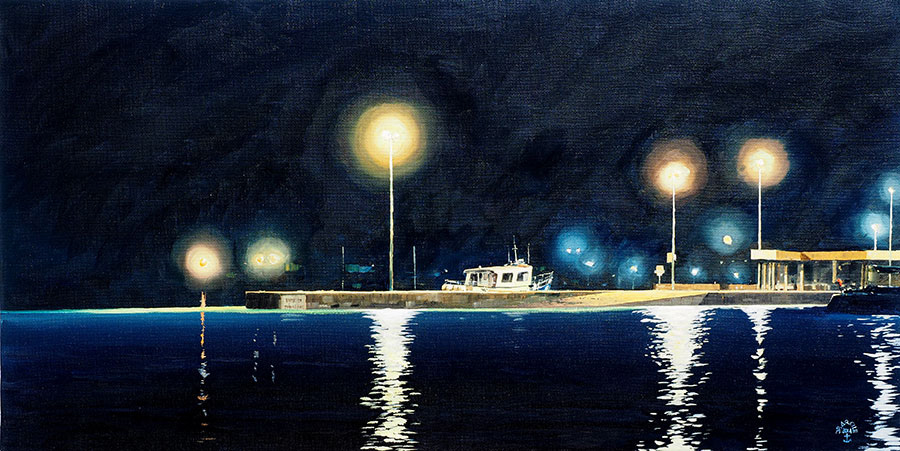 Réf. H-14.010 - Le port de l'ile aux Moine la nuit. Huile sur toile 80x40 cm - Col. Particulière