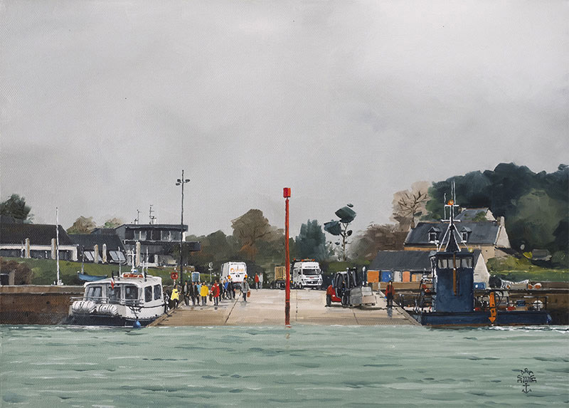 Réf. H-20.014 - Le balais du passeur et de la barge à Port-Blanc. Huile sur toile 46x33 cm - Col. Particulière