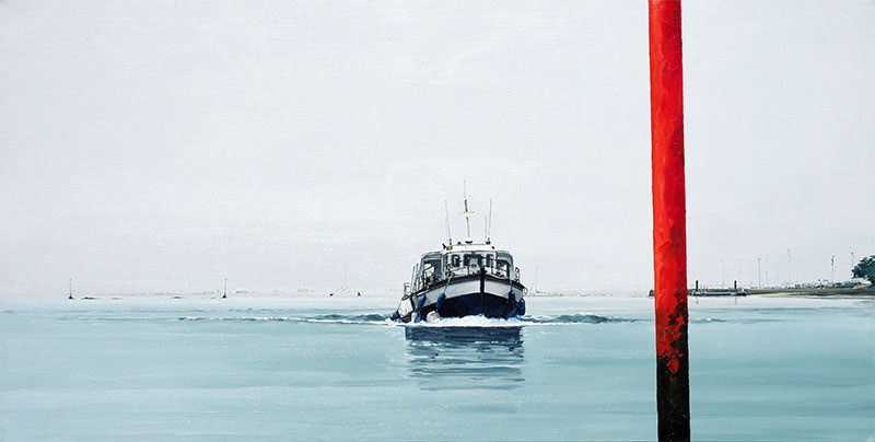 Réf. H-19.030 - La perche rouge en bout de cale à Port-Blanc,  Baden. Huile sur toile 100x50 cm - Col. Particulière