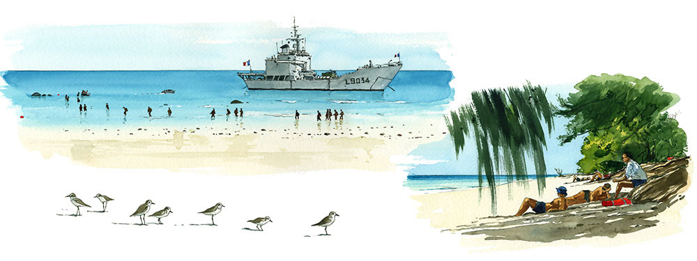 Réf. A-16.010 - Planche La Grandière en TRDI - Les permissionnaires aux iles Éparses. Aquarelle 50x23 cm
