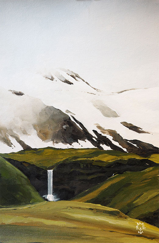 Réf. H-18.049 - Chutes aux pied du Mont Snaefellsjökull, péninsule de Snaefellsnes, (Islande). Huile sur toile 22x32 cm - Col. particulière