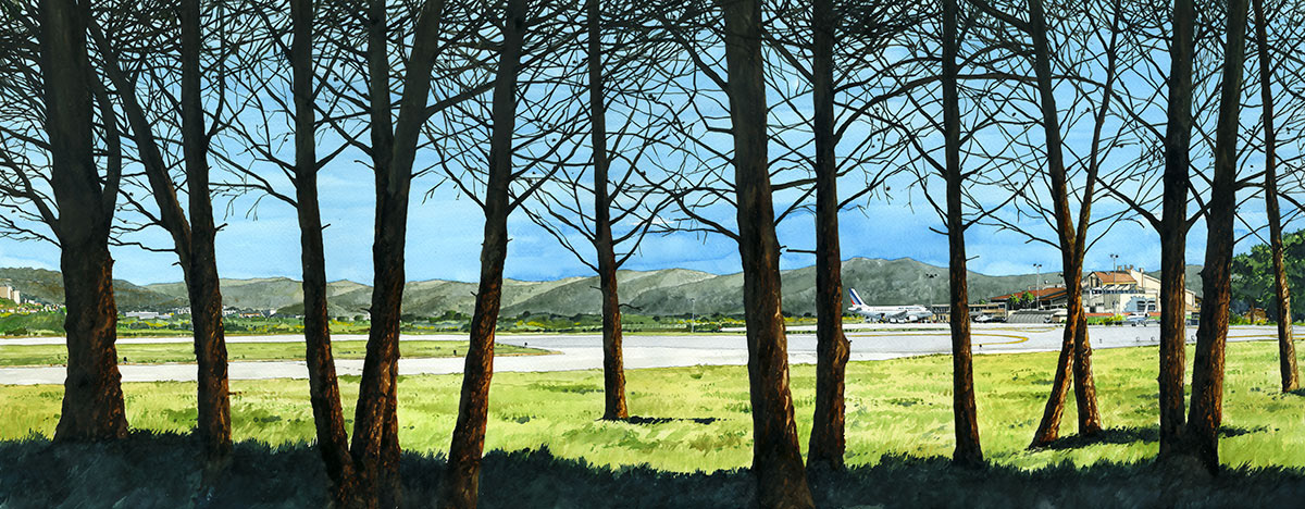Réf. A-13.002 - L'aéroport de Toulon/Hyèresà la BAN de Hyères. Aquarelle 72x28 cm - Col. particulière