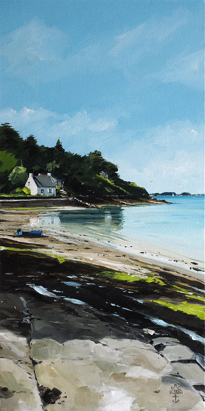 Réf. H-17.044 - L'immuable maison blanche à la Pierre Noire - Ile aux Moines. Huile sur toile 30x60 cm - Col. particulière