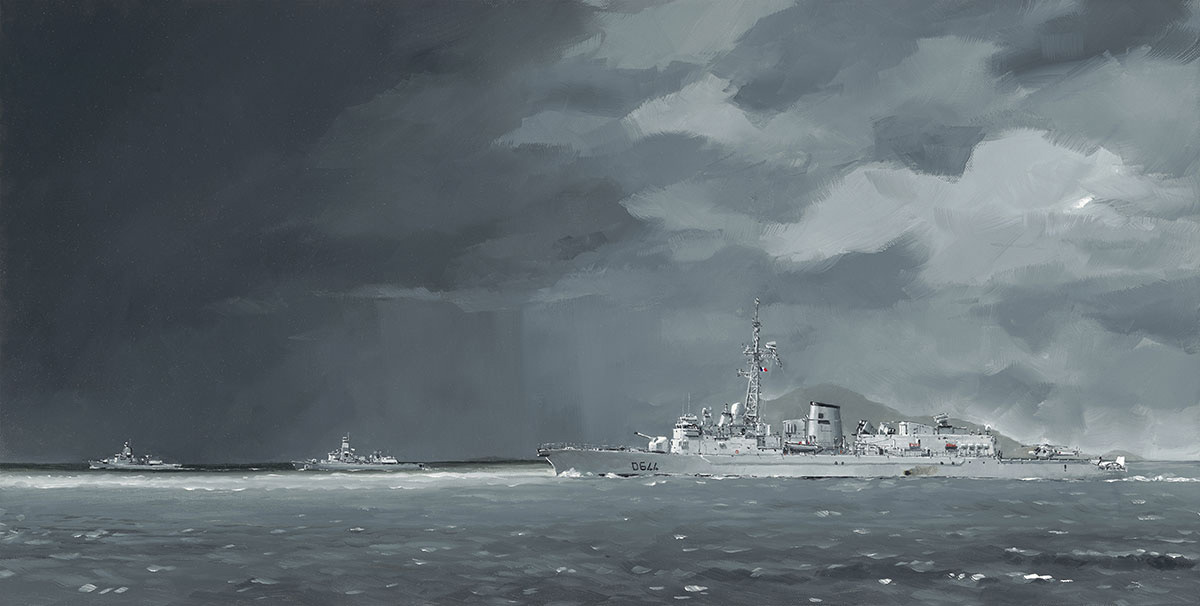 Réf. H-18.047 - Le "Primauguet" (frégate de lutte anti sous-marine) en formation pendant un exercice de lutte anti sous-marine avec des frégates belge et hollandaise. A l'entrée du fjord de Berguen (Norvège). Huile sur toile 80x40 cm - Col. particulière