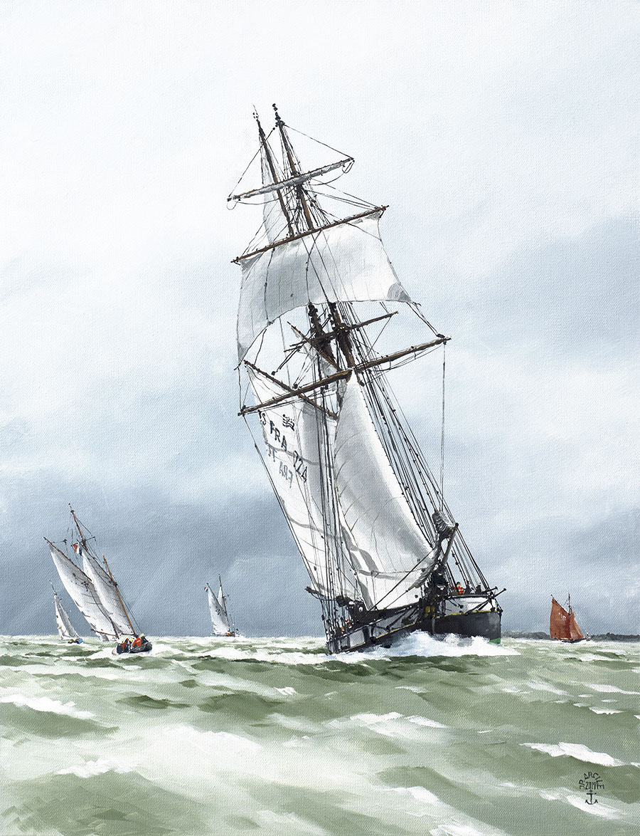 Réf. H-19.018 - La "Recouvrance" en route pour une semaine du Golfe. Golfe du Morbihan. Huile sur toile 50x65 cm - 1500 €