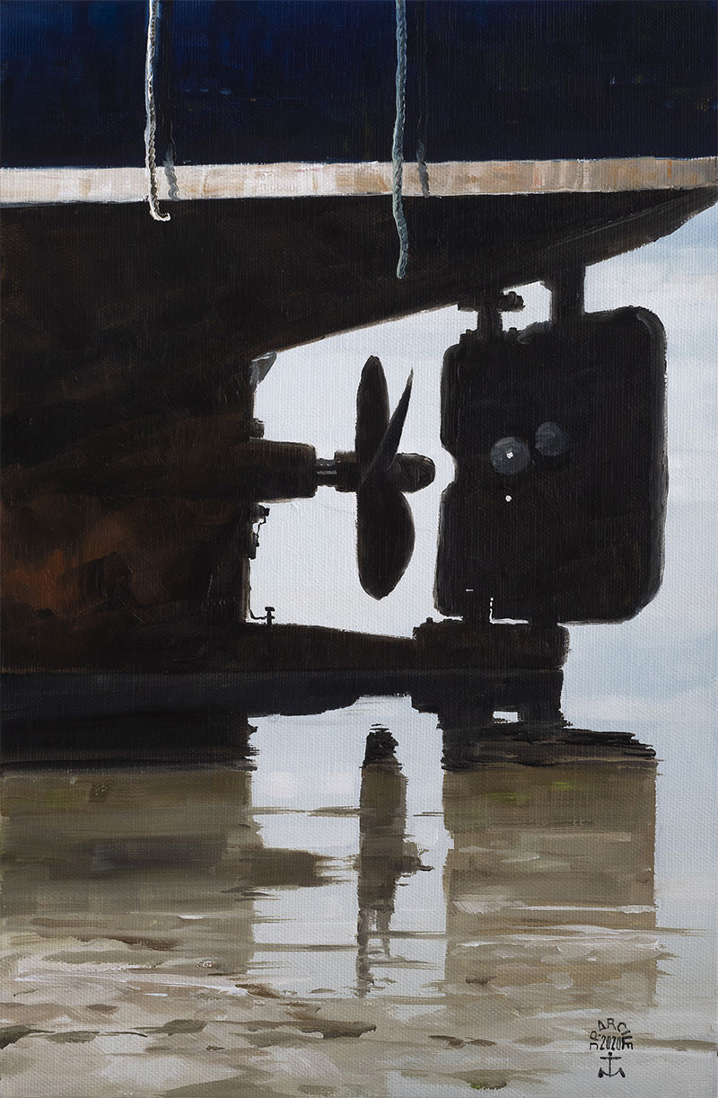 Réf. H-20.009 - Les dessous du passeur au Chantier du Guip. Île aux Moines. Huile sur toile 27x41 cm - Col. Particulière