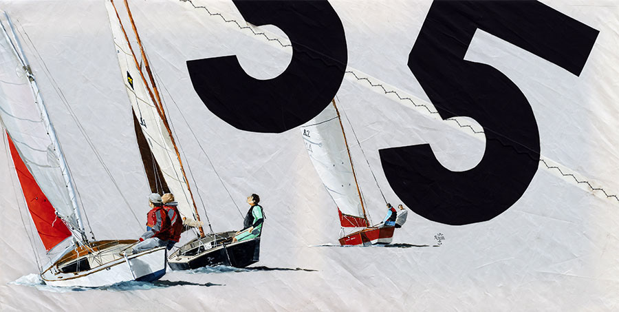 Réf. H-23.012 - Régate de guépards vu de l'arrière. Huile sur voile 80x40 cm - Col. particulière