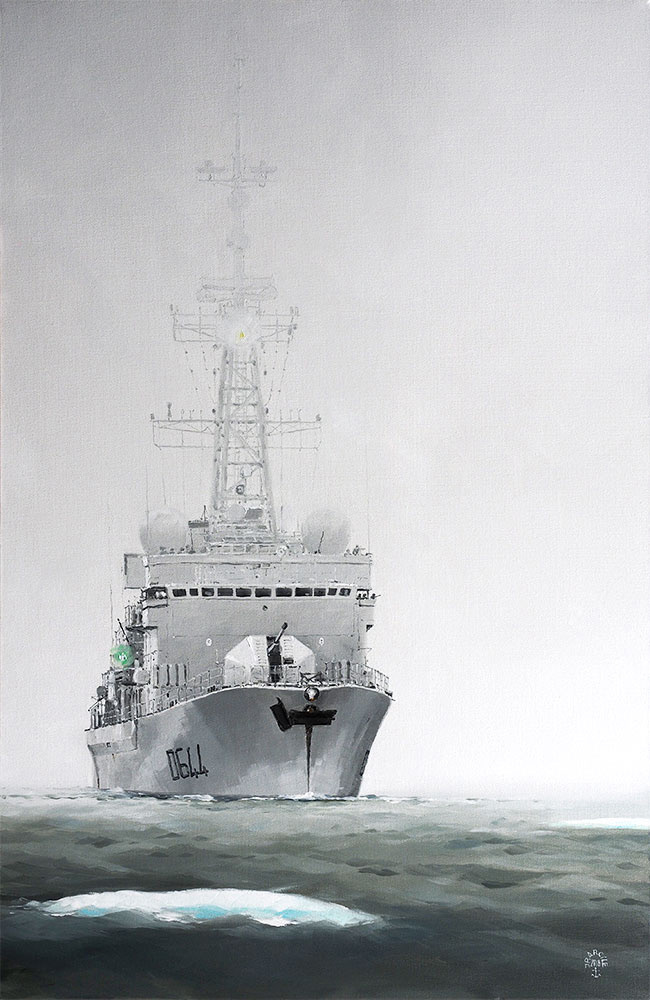 Réf. H-18.061 - Le "Primauguet" dans la brume et les growlers au nord de l'Islande. Huile sur toile 60x92 cm - Col. particulière