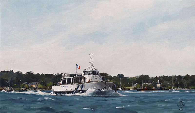 Réf. H-20.004 - Le "Thalassa en pleine traversée entre Port-Blanc et l'Île aux Moines. Huile sur toile 46x27 cm - Col. Particulière