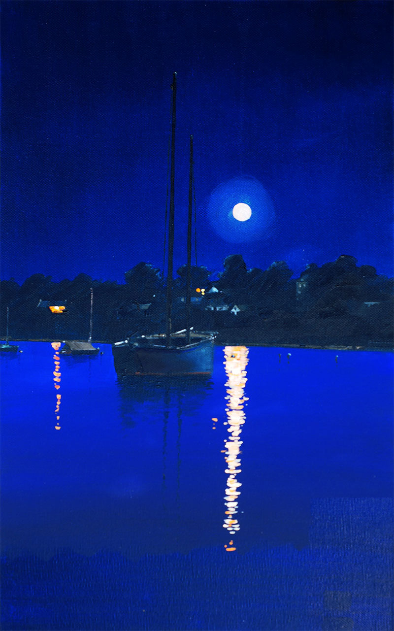 Réf. H-15.018 - Clair de Lune sur le Sinago - Ile aux Moines. Huile sur toile 33x55 cm - Col. Particulière