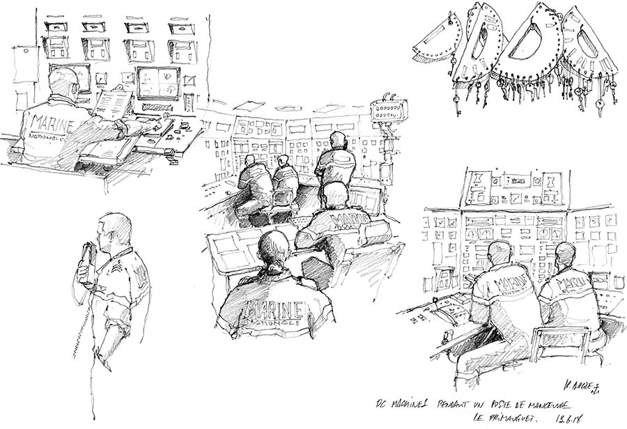 Crayonnés FASM Primauguet. PC machines pendant un poste de manœuvre