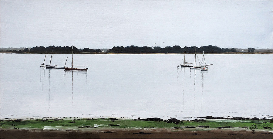 Réf. H-16.001 - Au mouillage devant de Chantier du Guip, Ile aux Moines. Huile sur toile 60x30 cm - Col. Particulière