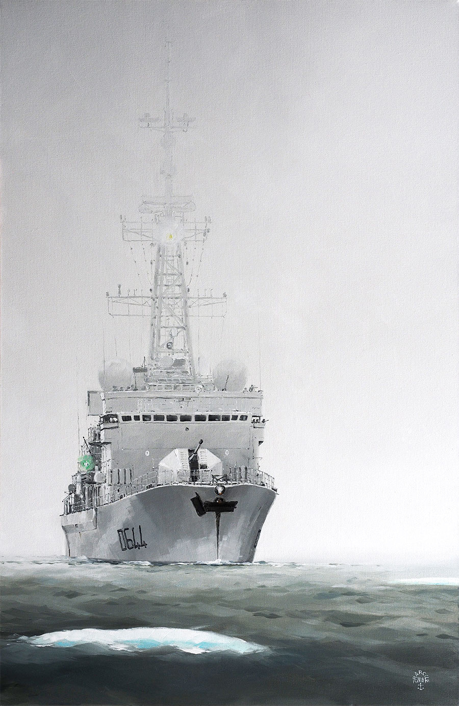 Réf. H-18.061 - Le "Primauguet" dans la brume et les growlers au nord de l'Islande. Huile sur toile 60x92 cm - Col. Particulière