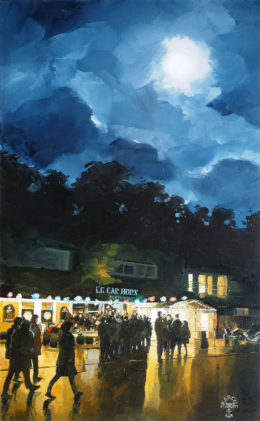 Réf. H-18.02 - La lune du réveillon au "Cap Horn", Ile aux Moines. Huile sur toile 38x61 cm - 1000 €