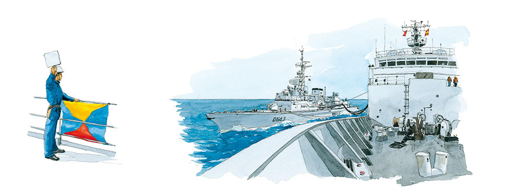 Réf. A-14.002 - Le signaleur et un RAM d'une frégate par le Var. Aquarelle 42x16 cm