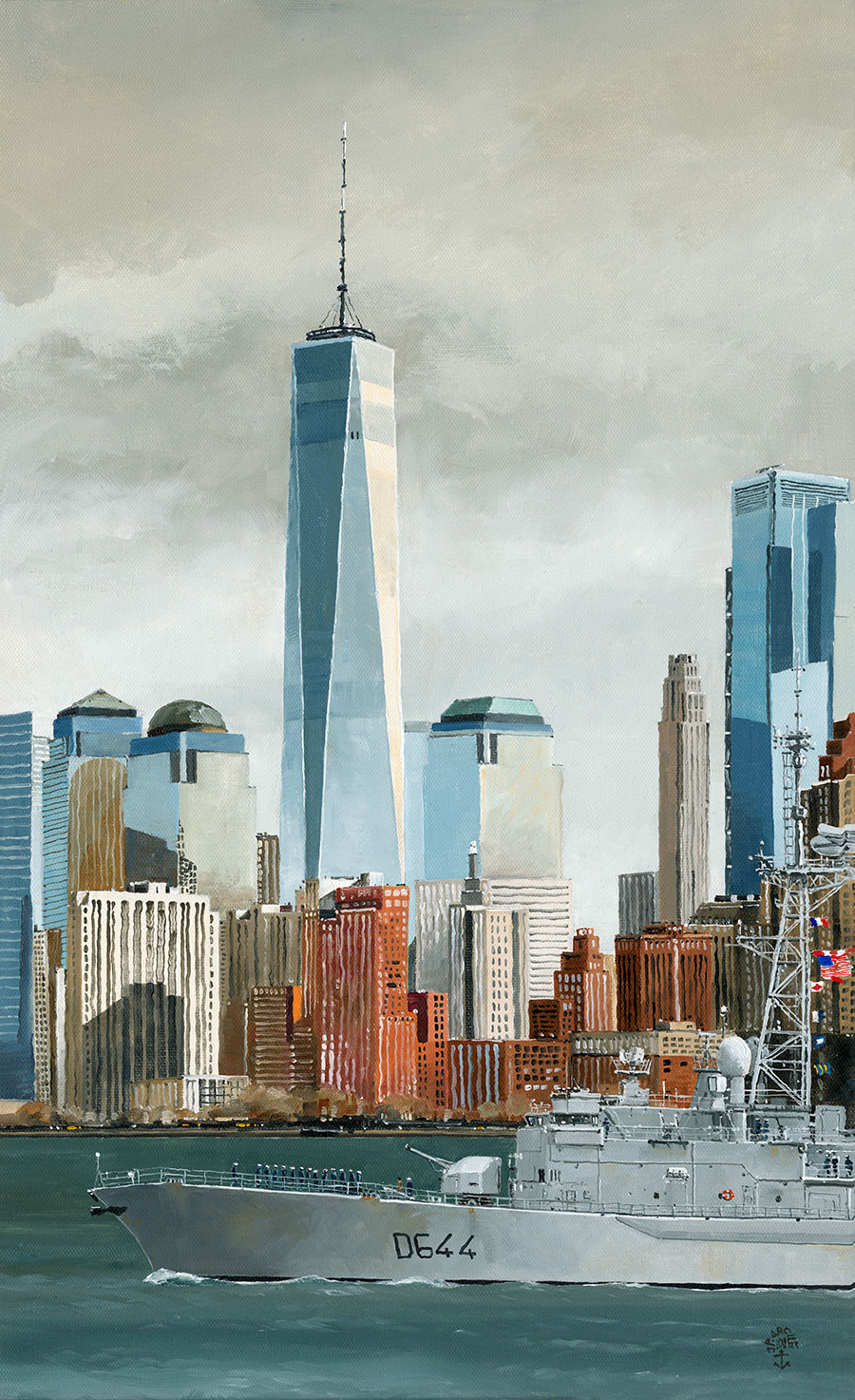 Réf. H-19.002 - Le "Primauguet" à New-York. Huile sur toile 38x61 cm - 1100 €