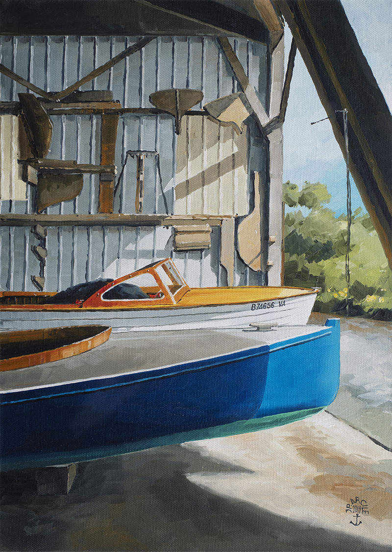 Réf. H-19.021 - Le bout du nez au soleil. Chantier du Guip, Ile aux Moines. Huile sur toile 33x46 cm - Col. particulière