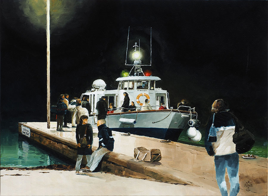 Réf. H-16.042 - Le passeur en soirée au Grand Pont, Ile aux Moines. Huile sur toile 61x46 cm - Col. Particulière