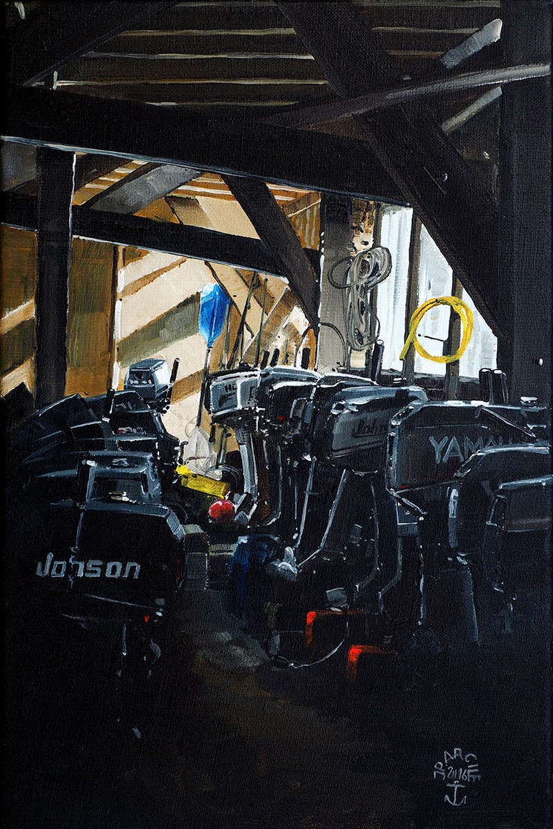 Réf. H-16.018 - Le parc des moteurs en hivernage - Chantier du Guip, Ile aux Moines. Huile sur toile 27x41 - 400 €