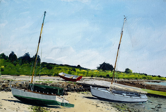 Réf. H-13.020 - "Manitou et "Plum" à la cale du Chantier du Guip. Huile sur toile 35x24 cm - Col. Particulière