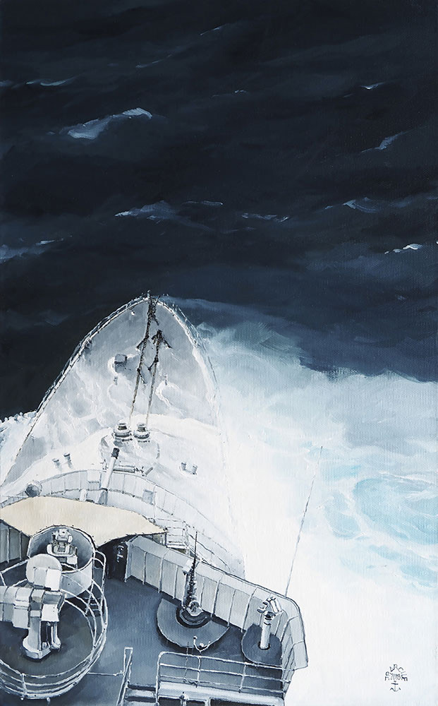 Réf. H-18.052 - L'étrave fumante du "Primauguet" en mer de Norvège. Huile sur toile 38x61 cm