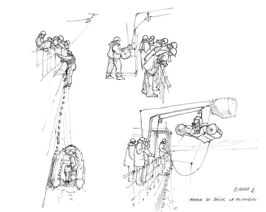 Crayonnés FASM Primauguet. Mis à l'eau du zodiac