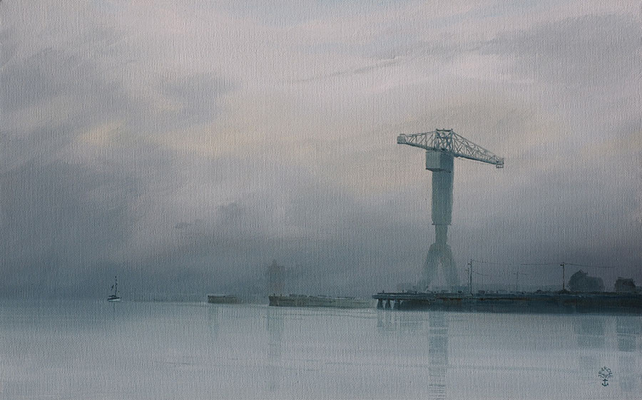 Réf. H-15.017 - Brume sur les anciens chantiers de Nantes. Huile sur toile 61x38 cm - Col. Particulière