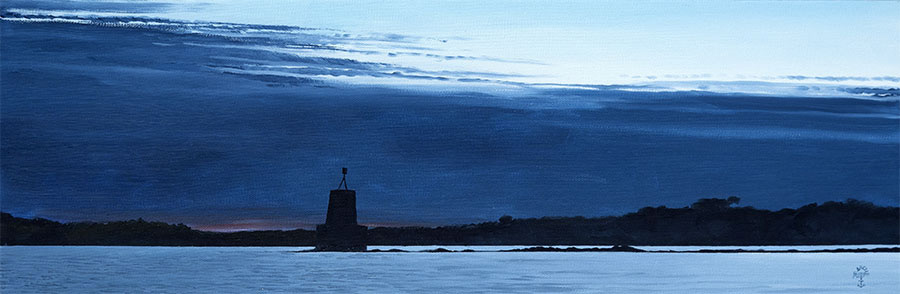 Réf. H-21.011 - Crépuscule dans le Golfe du Morbihan. Huile sur toile 75x25 cm - Col. Particulière