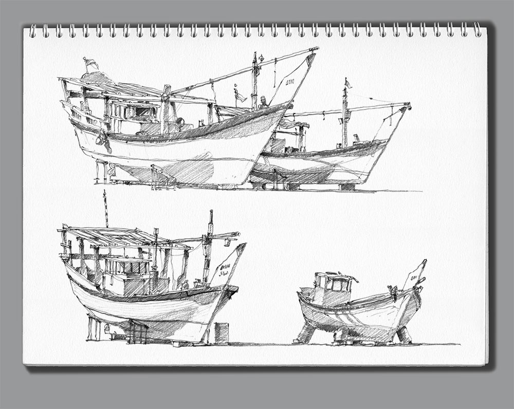 Carnets de croquis Abu Dhabi - 8 - Bateaux de pêche. Vieux port d'Abu Dhabi
