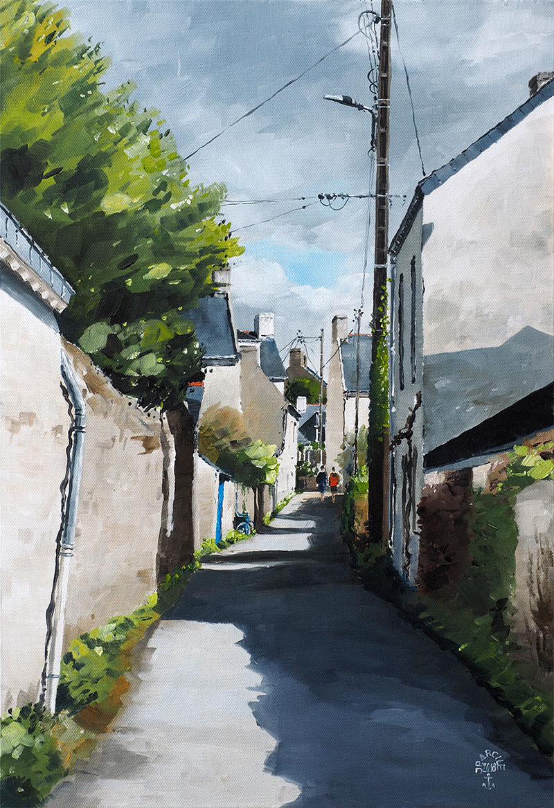 Réf. H-18.030 - La rue du Presbytère, Ile aux Moines. Huile sur toile 38x55 cm - Col. Particulière