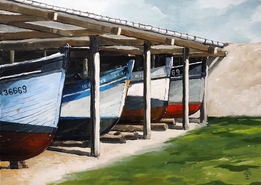 Réf. H-18.009 - Le hangar à bateaux. Île de Tatihou. Huile sur toile 65x46 cm