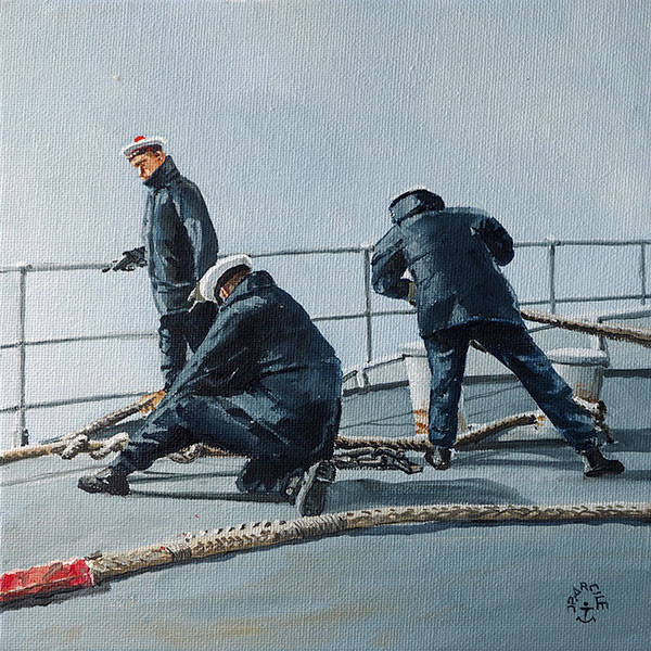 Réf. H-18.059 - La bosse, plage avant du "Primauguet". Huile sur carton 20x20 cm - 220 €