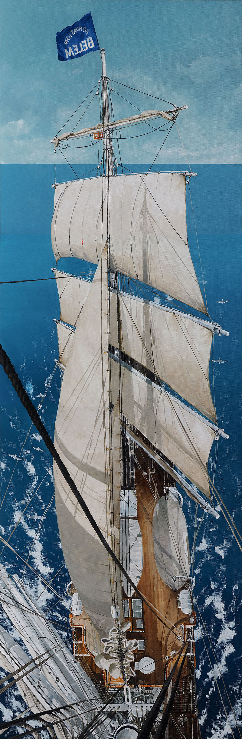 Pour le livre des 120 ans du Bélem - Réf. H-15.057 - Dans la mâture du Belem sous voile. Huile sur toile 50x150 cm