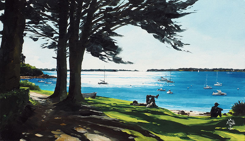 Réf. H-16.038 - La pause à l'ombre du Bois Martin, Ile aux Moines. Huile sur toile 46x27 cm - Col. Particulière