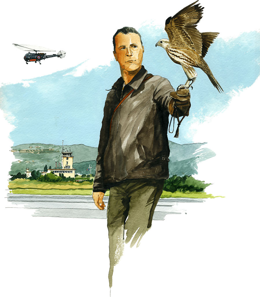 Réf. A-13.05 - Le Fauconnier de la BAN de Hyères. Aquarelle 21x24 cm