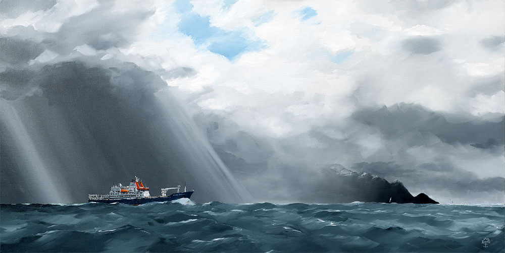 Réf. H-19.049 - Le "Marion Dufresne" aux abords de l'île de l'Est. Archipel de Crozet. Huile sur toile 120x60 cm - Col. Particulière