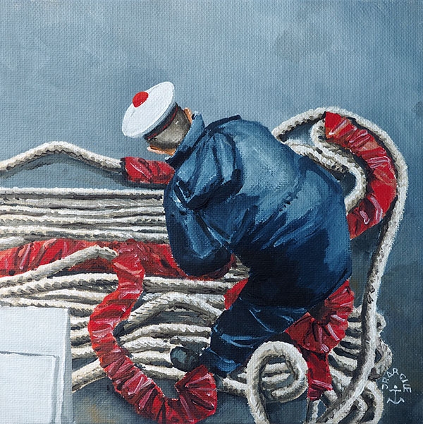 Réf. H-18.057 - De l'ordre dans l'aussière, plage arrière du "Primauguet". Huile sur carton toilé 20x20 cm -  Col. Particulière