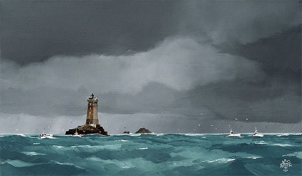 Réf. H-22.003 - Les ligneurs sous le phare de la Vielle. Le Raz de Sein. Huile sur toile 46x27 cm - 680 €