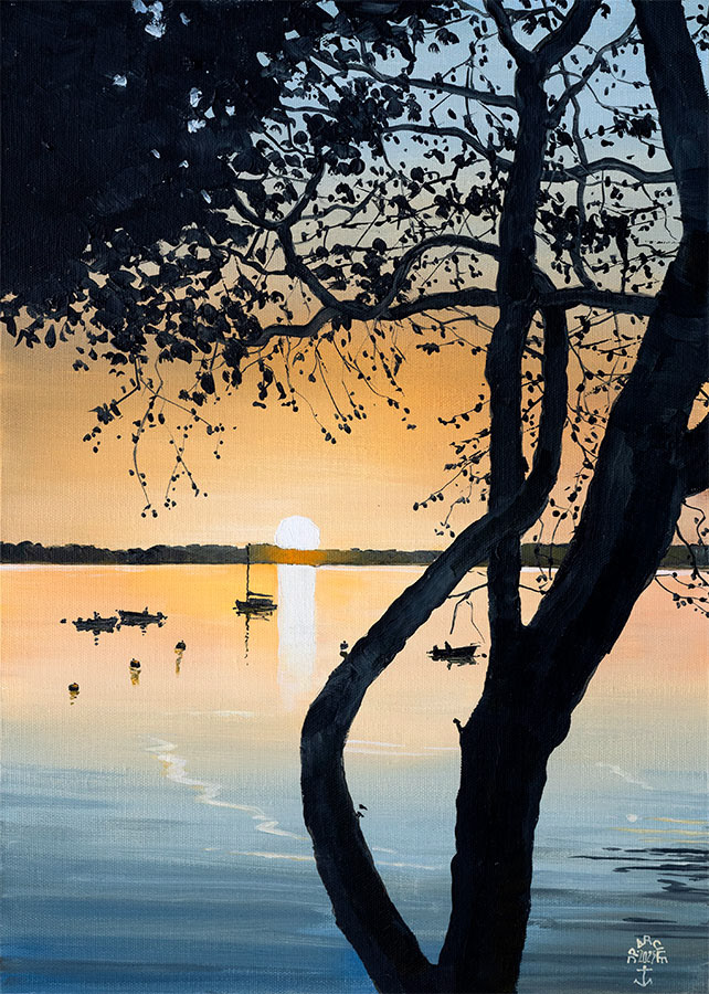 Réf. H-25.008 - Lever de soleil devant Port-Miquel. Ile aux Moines . Huile sur toile 46x33 cm. 850 €
