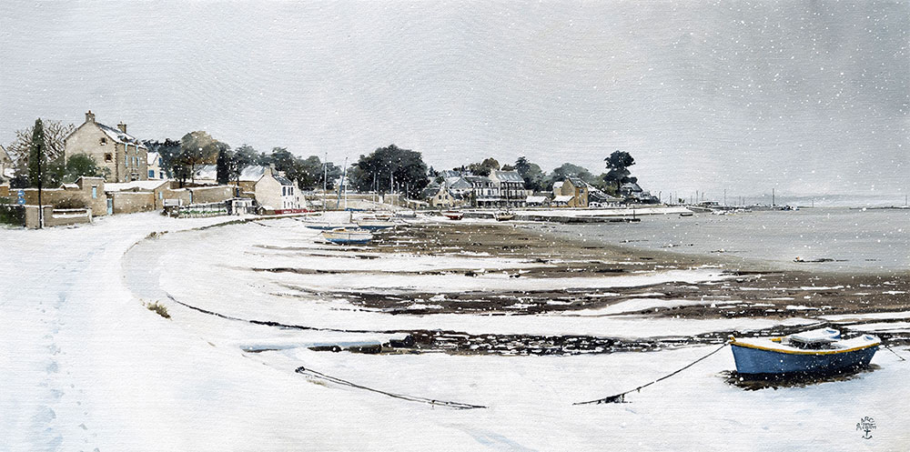 Réf. H-21.019 - Le port de l'île aux Moines sous son manteau blanc. Huile sur toile 80x40 cm - Col. Particulière