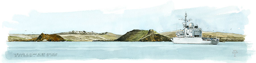 La FS Nivôse au mouillage en baie des Américains, île de la Possession, Archipel de Crozet. Aquarelle 44 x 12 cm - Col. Particulière